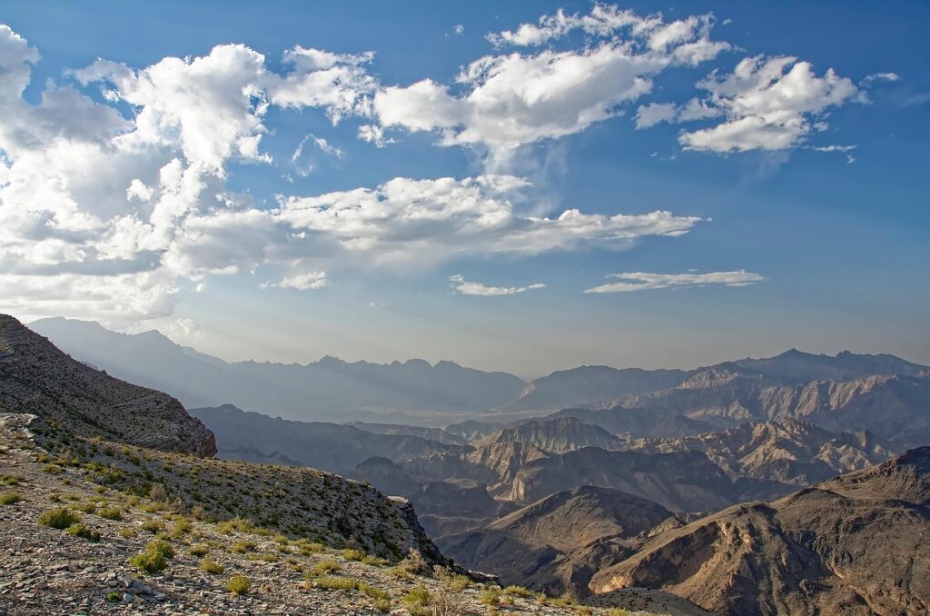 mountains, peak, panorama, sky, clouds, fog, mist, sunlight, rocks, mountain range, summit, landscape, nature, scenery, scenic, oman, region ad dakhiliyah, al hajar mountains, oman, oman, oman, oman, oman